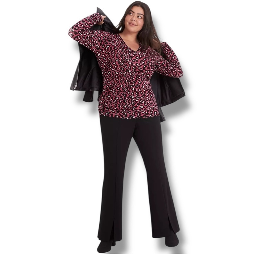 NWT LANE BRYANT Fitted Long-Sleeve V-Neck Ruched Pullover Sweater Leopard Luster